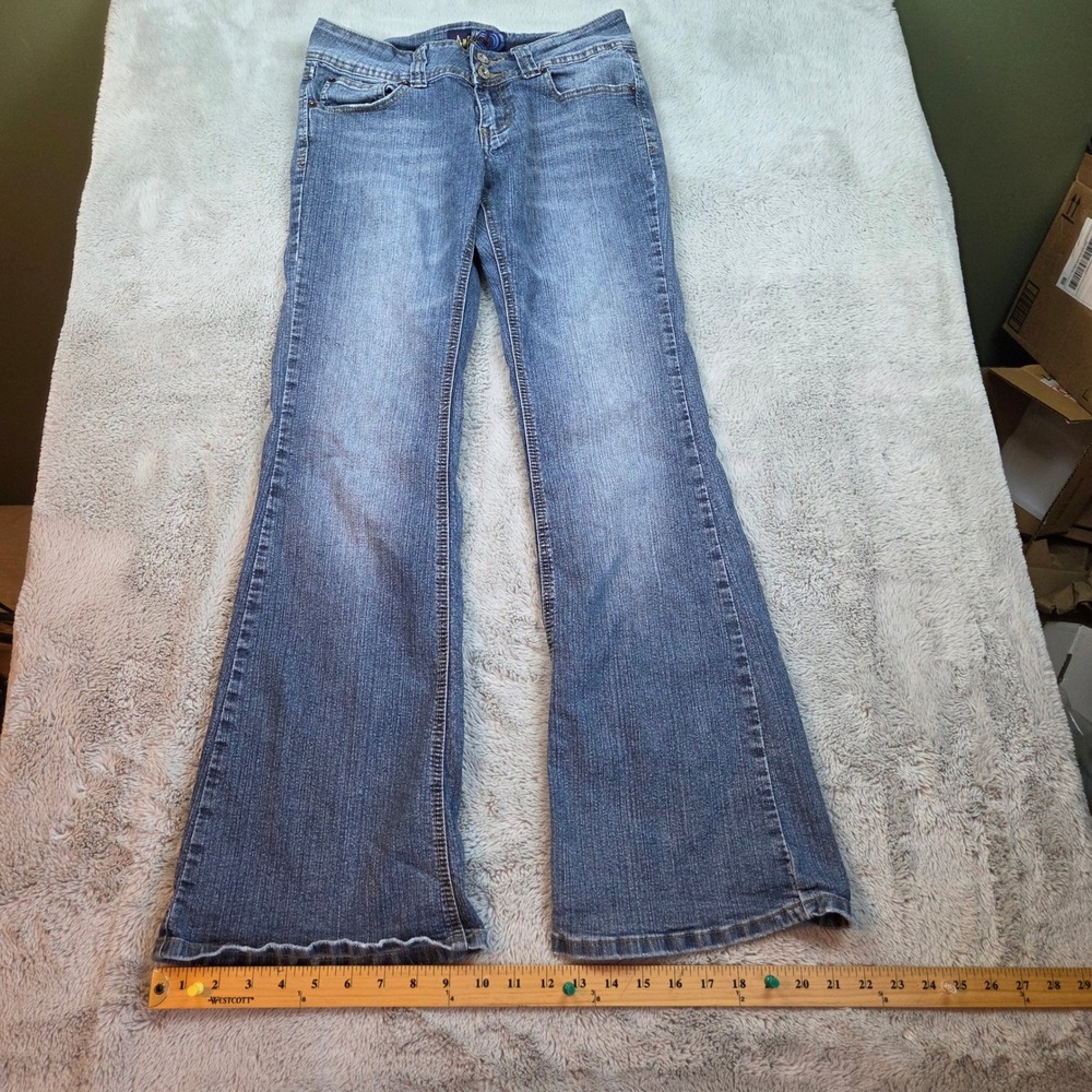 Angels Jeans Women Sz 9 Long Double Button Flare Leg Denim Blue Jean